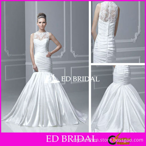 Mermaid Sheer Scallop Court Train Taffeta Lace Overlay Croset Pleated Skirt Ruched High Neck Wedding Dresses Gowns